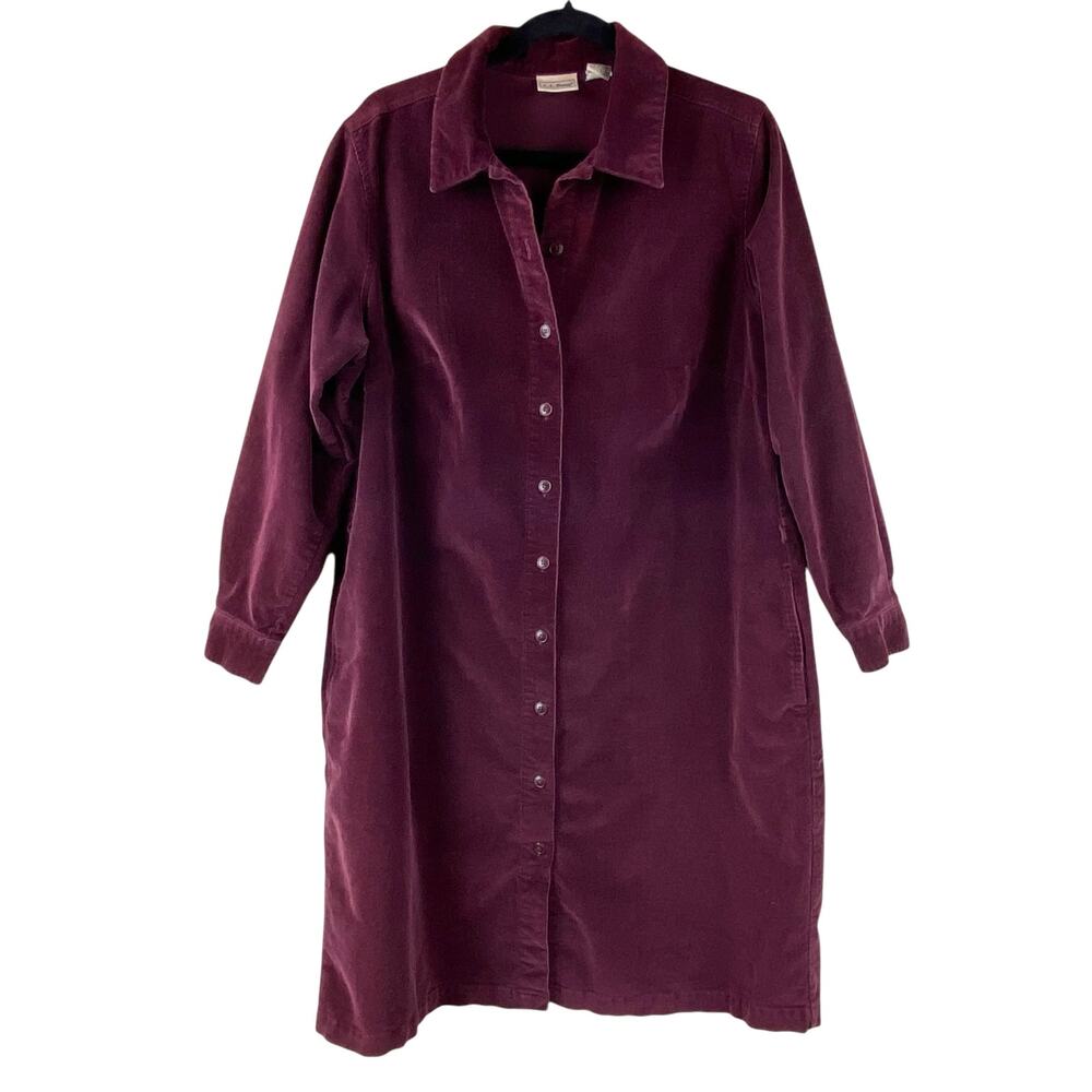 Vintage L.L. Bean Pinwale Corduroy Midi Dress Size 16 Petite Burgundy Belt